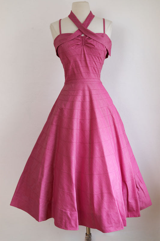 Vintage 1950s Candy Pink Chambray Dress - Sizzling Criss-Cross or Knotted Bust Cotton Sundress Size S to M