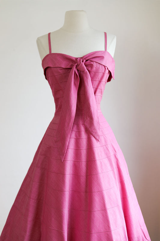 Vintage 1950s Candy Pink Chambray Dress - Sizzling Criss-Cross or Knotted Bust Cotton Sundress Size S to M