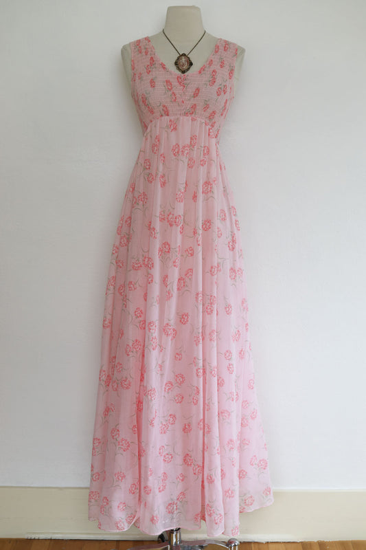 Vintage 1970s Bohemian Maxi Dress - Gauzy Pink Olive Green Cotton Floral Print Ethereal Smocked Gown w Matching Shawl Fits Many Size XS to XL