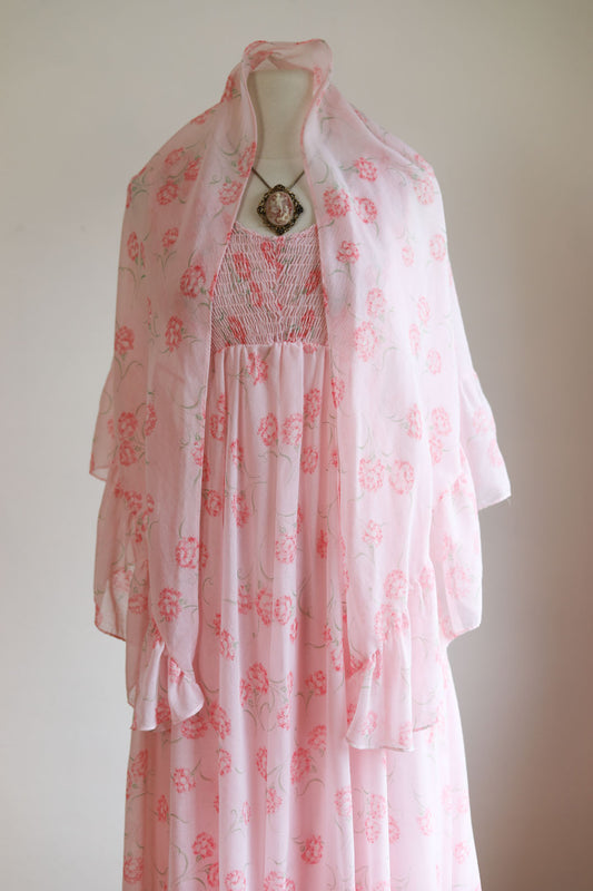 Vintage 1970s Bohemian Maxi Dress - Gauzy Pink Olive Green Cotton Floral Print Ethereal Smocked Gown w Matching Shawl Fits Many Size XS to XL