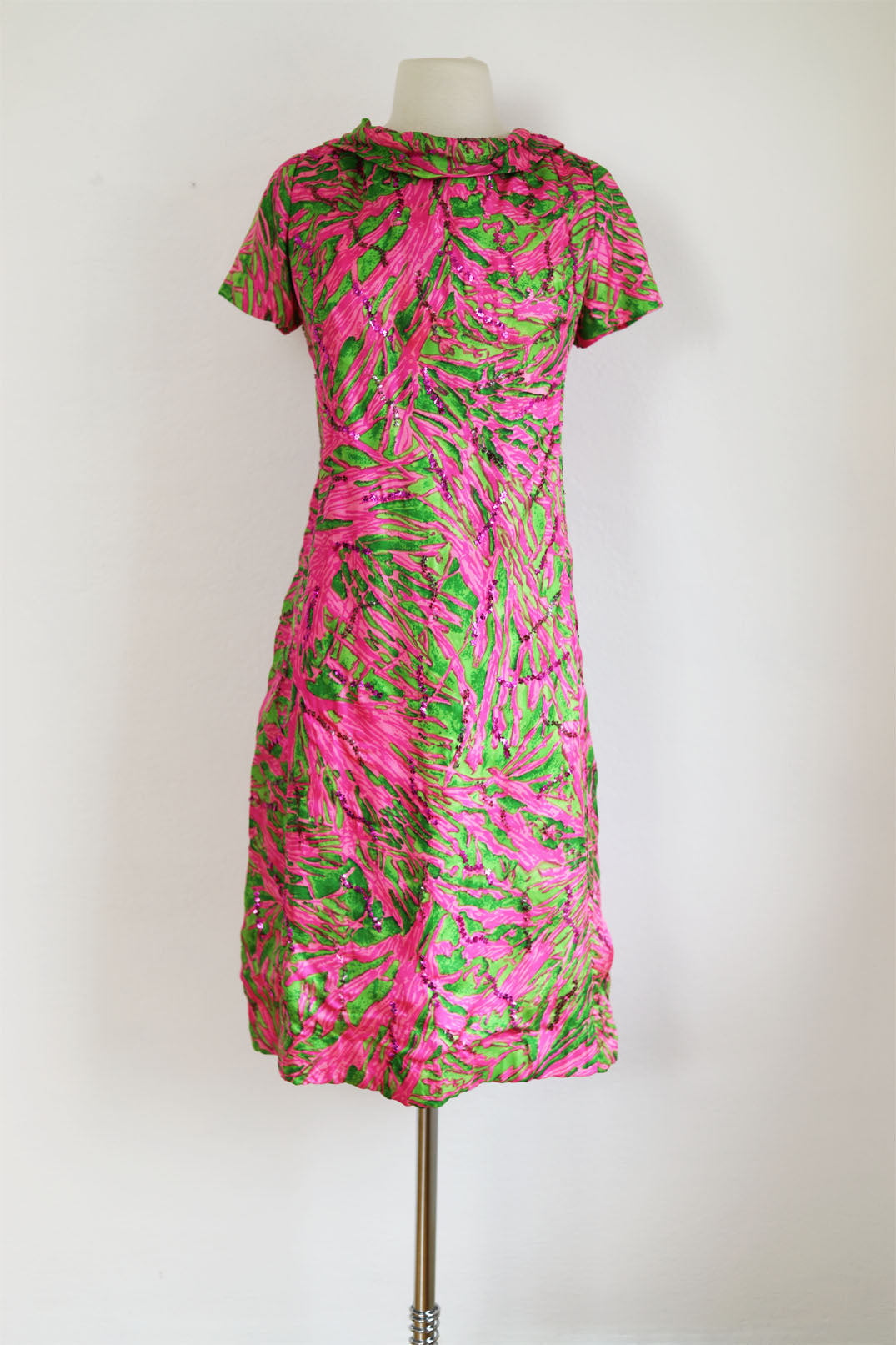 Vintage Early 1960s Dress - Dazzling Lime Green + Hot Pink Silk Cockta Jumblelaya Vintage Vintage Early 1960s Dress - Dazzling Lime Green + Hot Pink Silk Cockta Jumblelaya Vintage