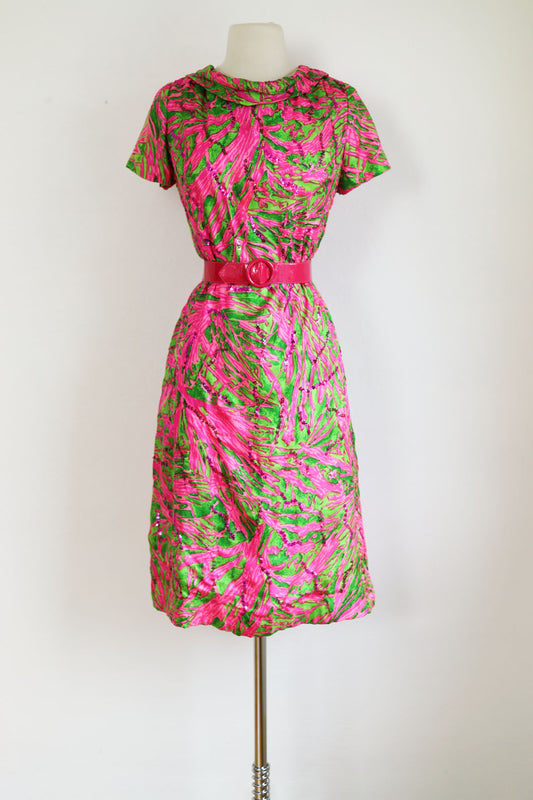 Vintage Early 1960s Dress - Dazzling Lime Green + Hot Pink Silk Cocktail w Sequins Size M to L