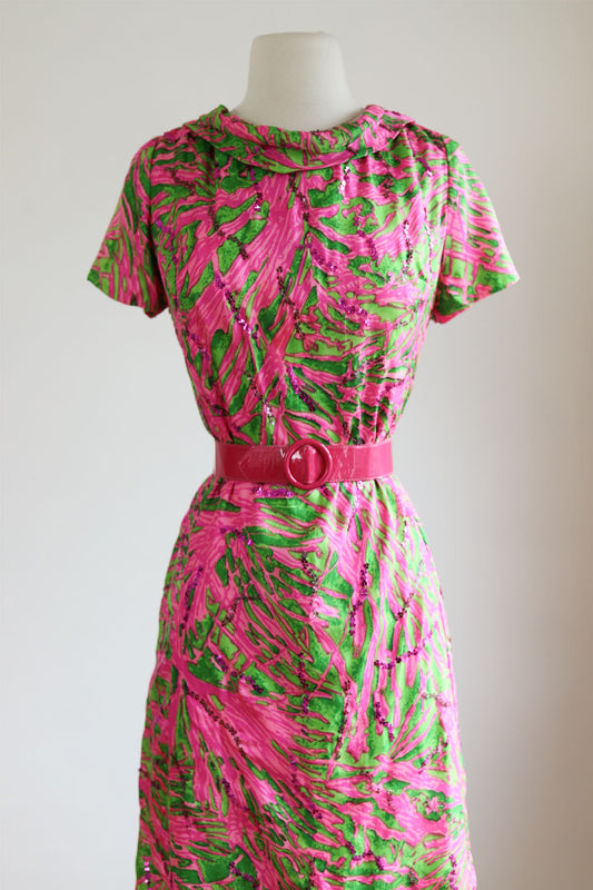 Vintage Early 1960s Dress - Dazzling Lime Green + Hot Pink Silk Cocktail w Sequins Size M to L