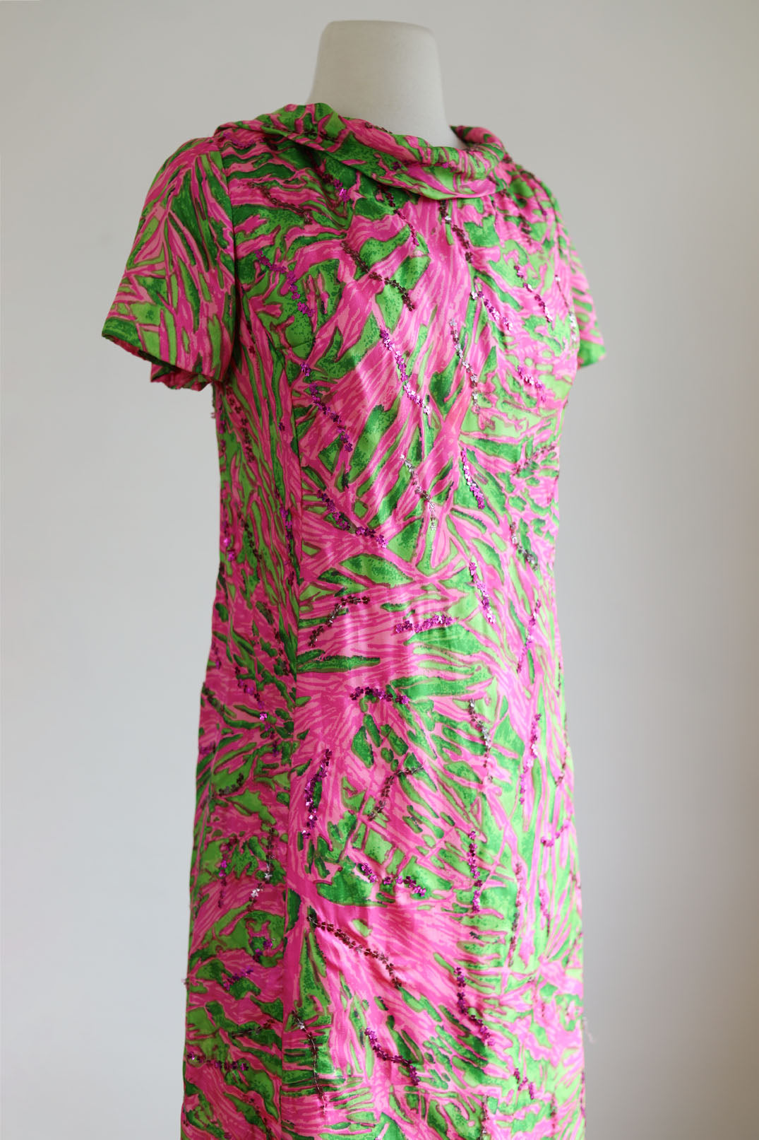 Vintage Early 1960s Dress - Dazzling Lime Green + Hot Pink Silk Cocktail w Sequins Size M to L