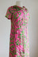 Vintage Early 1960s Dress - Dazzling Lime Green + Hot Pink Silk Cocktail w Sequins Size M to L