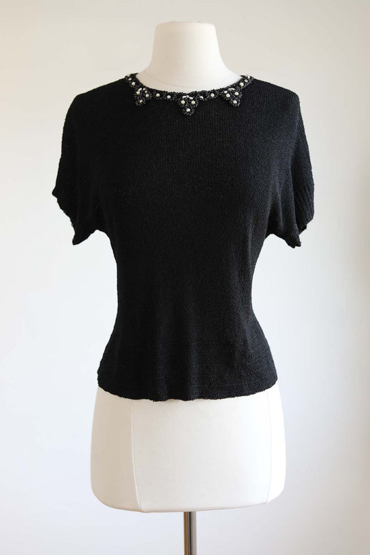 Vintage 1950s Knitwear Top - ESSENTIAL Black Rayon Knit w Bejeweled Neckline Sweater Blouse Fits Size S to L