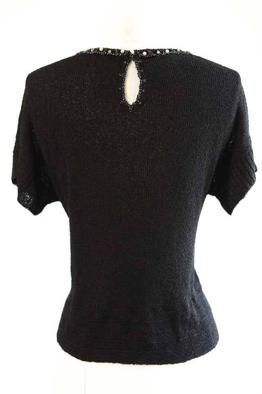 Vintage 1950s Knitwear Top - ESSENTIAL Black Rayon Knit w Bejeweled Neckline Sweater Blouse Fits Size S to L