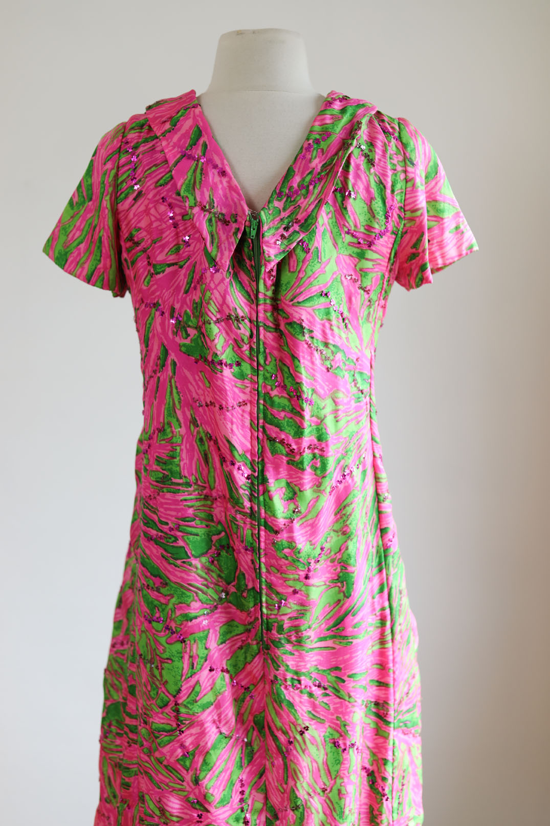 Vintage Early 1960s Dress - Dazzling Lime Green + Hot Pink Silk Cocktail w Sequins Size M to L