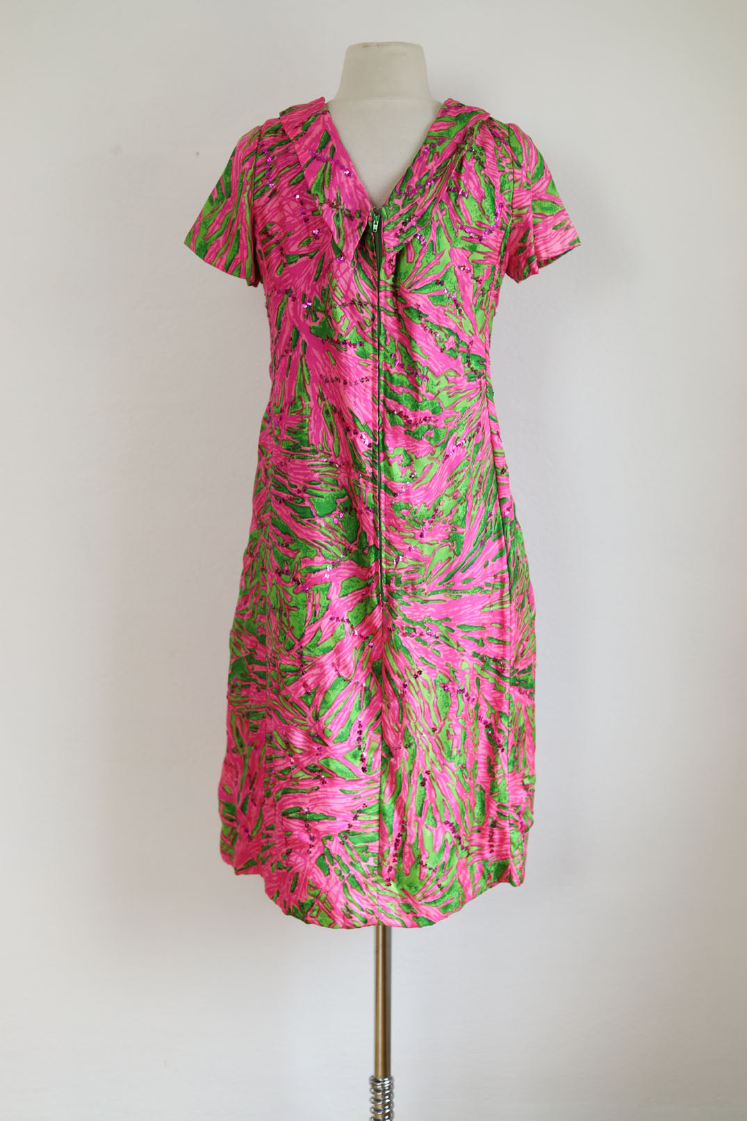 Vintage Early 1960s Dress - Dazzling Lime Green + Hot Pink Silk Cocktail w Sequins Size M to L