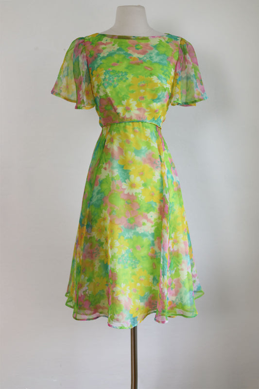 Vintage 1960s Dress - Dazzling Citrus Aqua Pink Chiffon Miss Elliette Sheer Sleeve Cocktail Dress Size S to M