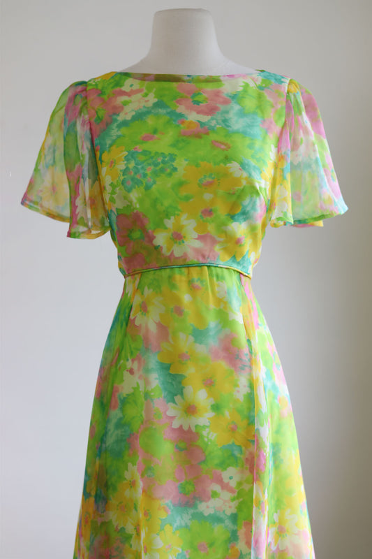 Vintage 1960s Dress - Dazzling Citrus Aqua Pink Chiffon Miss Elliette Sheer Sleeve Cocktail Dress Size S to M