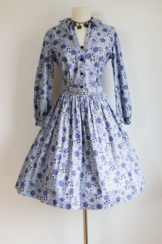 Vintage 1950s JAN Dress Set - PRETTY Violet Black Print Floral Tailored Blouse + Full Skirt Size S