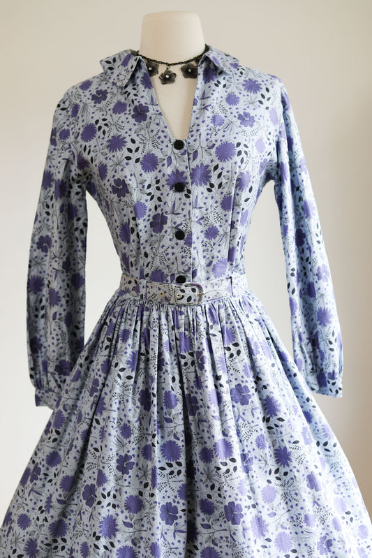 Vintage 1950s JAN Dress Set - PRETTY Violet Black Print Floral Tailored Blouse + Full Skirt Size S