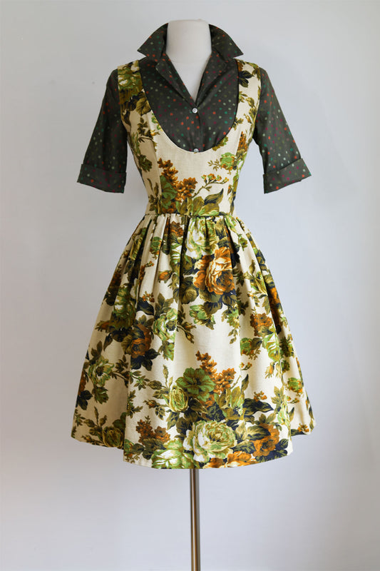 Vintage 1960s Tapestry Dress - Luxuriant Golden Rose Print Cotton Scoop-Neck Jumper Size S to M