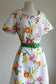Vintage 1970s Coat Dress - Darling Citrus + Candy Pink Mod Flower Pique Lucite Buttons w Pockets Size M to L
