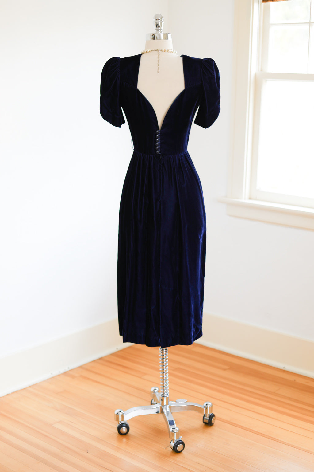 Vintage 1980s Lanz Dress - Rich Cobalt Blue Velvet 1930s Inspired w Puff Sleeves + Sinfully Cut Rear Bodice Size XS - S