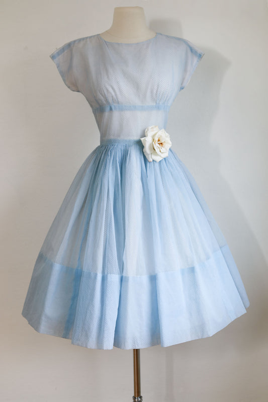 Vintage 1950s Dotted Swiss Dress - PERT Pastel Icy Blue Organza w Full Skirt Party Dress Size XS to S