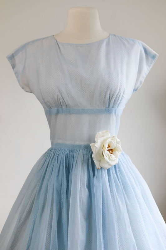 Vintage 1950s Dotted Swiss Dress - PERT Pastel Icy Blue Organza w Full Skirt Party Dress Size XS to S