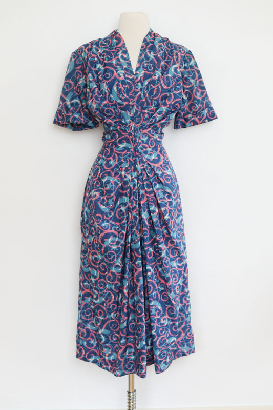 Vintage 1940s - 1950s Franklin Original Designer Dress - DRAPED to the NINES Lush Silky Floral Print Cocktail Stunner Size M