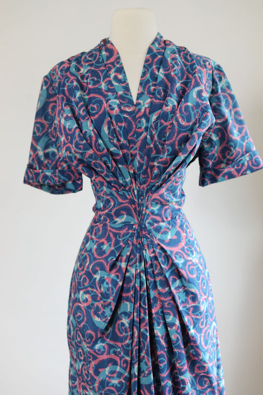 Vintage 1940s - 1950s Franklin Original Designer Dress - DRAPED to the NINES Lush Silky Floral Print Cocktail Stunner Size M