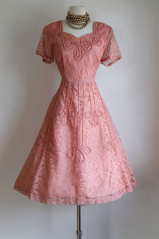 Vintage 1940s to 1950s Dress - Rose Pink Soutache Loops + Lace Cocktail Party Dress Size L