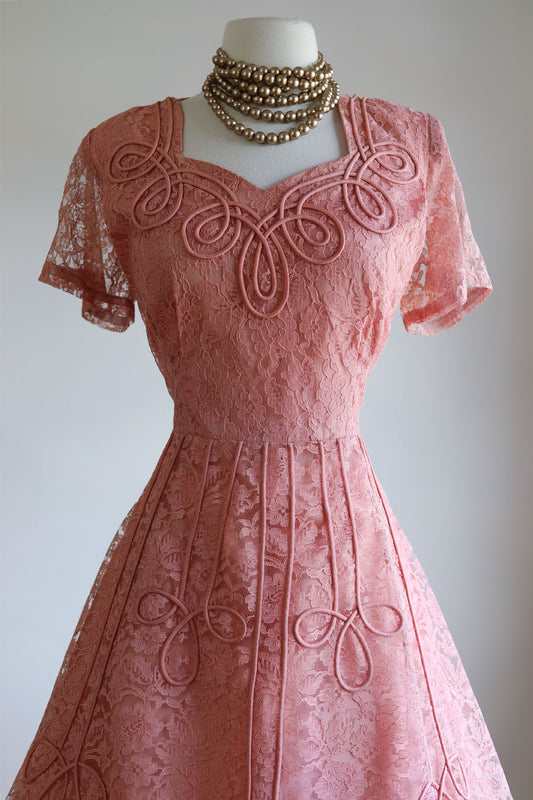 Vintage 1940s to 1950s Dress - Rose Pink Soutache Loops + Lace Cocktail Party Dress Size L