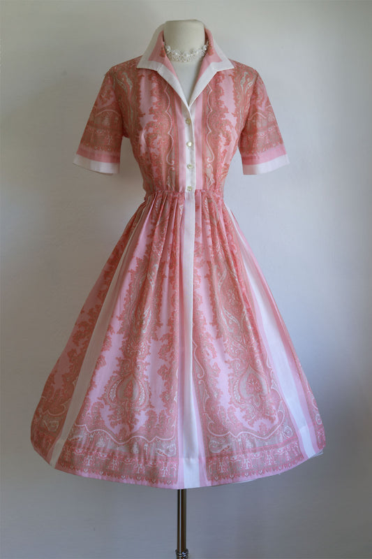 Vintage 1950s to 1960s L'Aiglon Dress - Cute! Pink White Baroque Border Print Voile Shirtwaist Size M