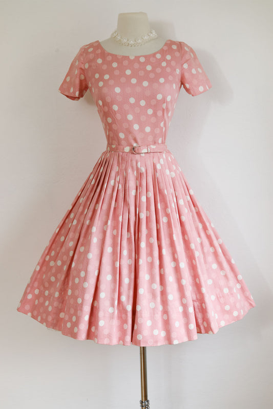 Vintage 1950s Pink Cotton Polka Dot Print Dress - BARBIECORE Sundress Size XS to S