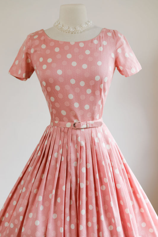 Vintage 1950s Pink Cotton Polka Dot Print Dress - BARBIECORE Sundress Size XS to S