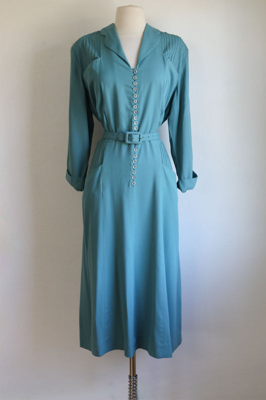 Vintage 1940s Lane Bryant Dress - Volup + Gorgeous Duck Egg Blue Gabardine Belted Shirtwaist w 4 Pockets Size XL