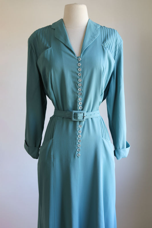 Vintage 1940s Lane Bryant Dress - Volup + Gorgeous Duck Egg Blue Gabardine Belted Shirtwaist w 4 Pockets Size XL