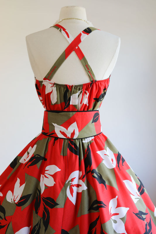 Vintage 1970s - 1980s DEADSTOCK Ceeb Dress - KILLER Unworn Red Palm Leaf Print Cotton Princess Sundress w Bra Size L to XL