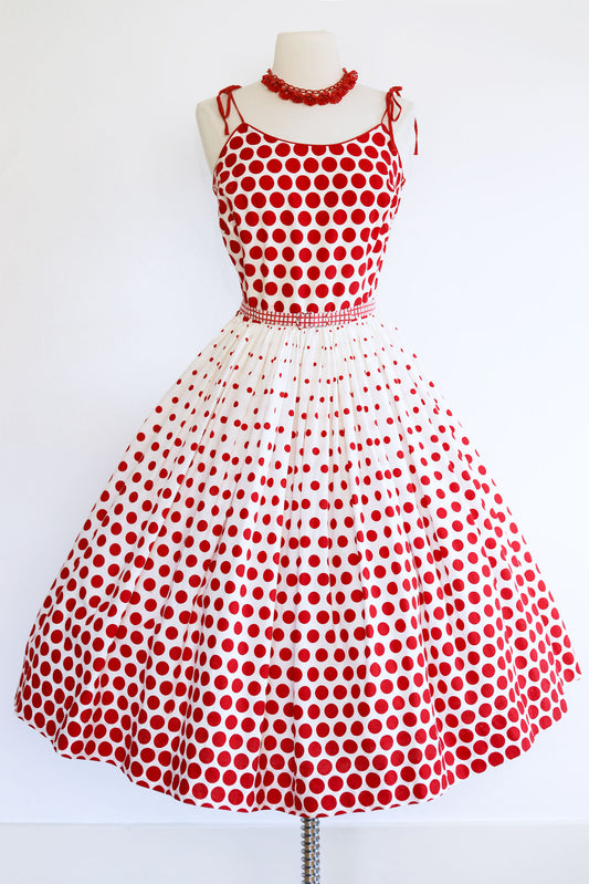 Vintage 1950s Polka Dot Dress + Bolero Set - SUPERB Border Print Cotton Sundress w Matching Jacket Size XS to S