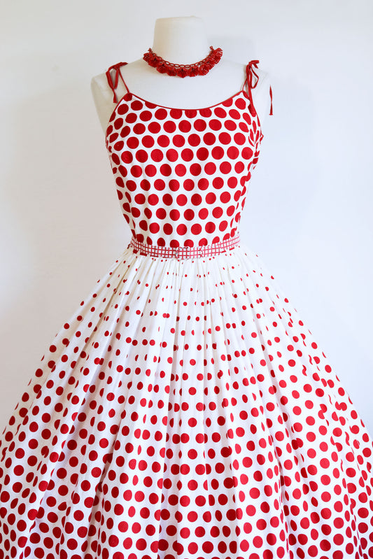 Vintage 1950s Polka Dot Dress + Bolero Set - SUPERB Border Print Cotton Sundress w Matching Jacket Size XS to S