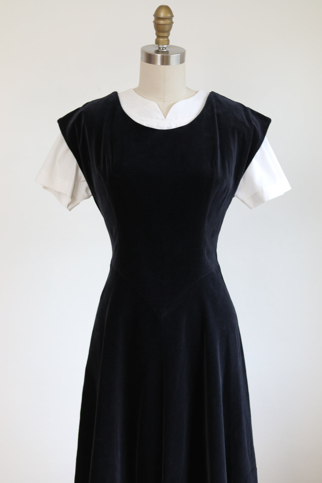 Vintage 1940s Black Velvet Jumper - Sporty Mayline Pinafore Dress with Basque Waist + Gored Skirt Size