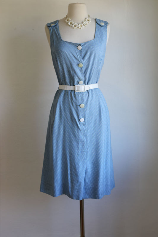 Vintage 1940s to 1950s Sundress - Volup Delphite Blue Polka Dot Rayon w Lucite Buttons Jumper Dress Size L to XL