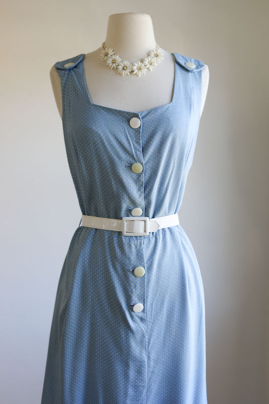 Vintage 1940s to 1950s Sundress - Volup Delphite Blue Polka Dot Rayon w Lucite Buttons Jumper Dress Size L to XL