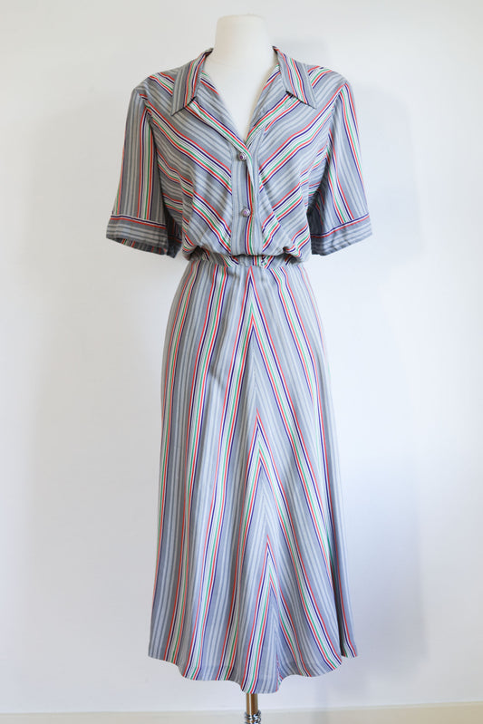 Vintage 1940s Shirtwaist - TRUE VOLUP Candy Stripe w Striped Novelty Buttons + Deco Belt Dress Size XL