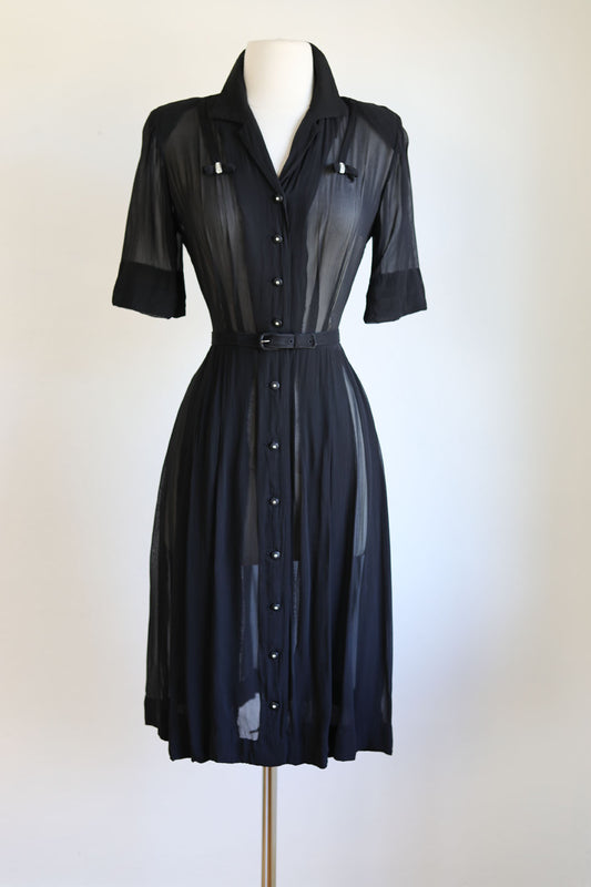 Vintage 1940s Shirtwaist - Goth Dream! Jet Black Chiffon w Rhinestone Bows + Buttons Size M