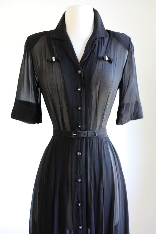 Vintage 1940s Shirtwaist - Goth Dream! Jet Black Chiffon w Rhinestone Bows + Buttons Size M
