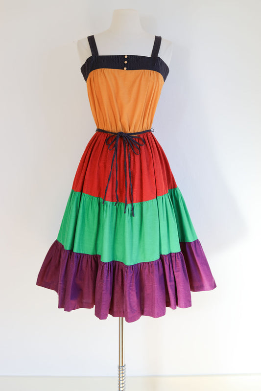 Vintage 1980s Color Block Dress - SWEET Folksy Colorful Cotton Rainbow Prairie Sundress Size M