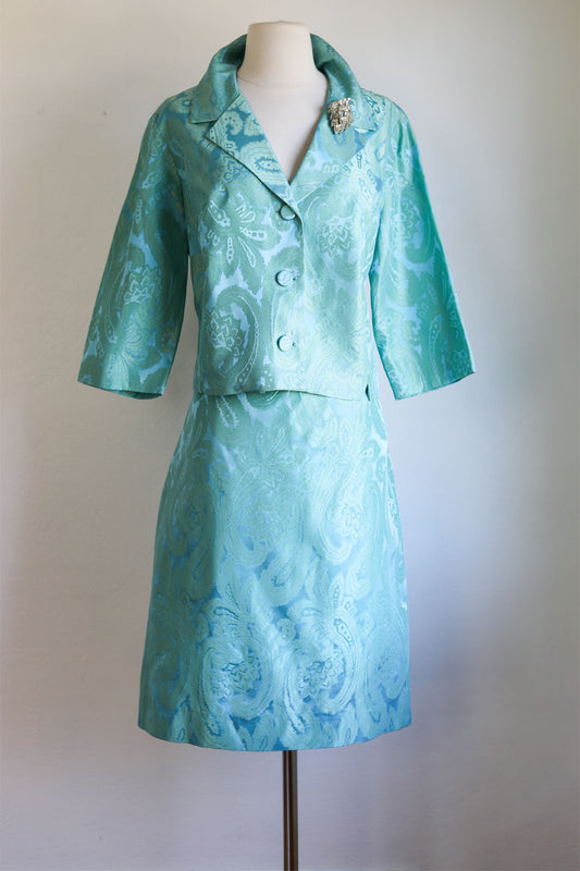 Vintage 1960s Suit - Glowing Aqua Blue Satin Brocade Paisley Princess Jacket + Skirt Size L
