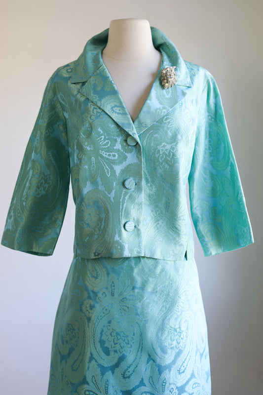 Vintage 1960s Suit - Glowing Aqua Blue Satin Brocade Paisley Princess Jacket + Skirt Size L