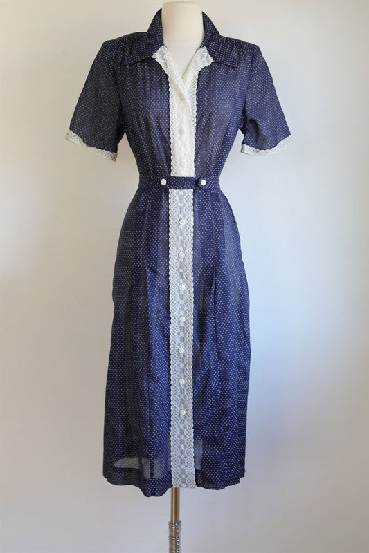 Vintage 1940s Coat Dress - Navy Blue Dotted Swiss Betty Hartford w Embroidery + Cute Buttons Size L to XL