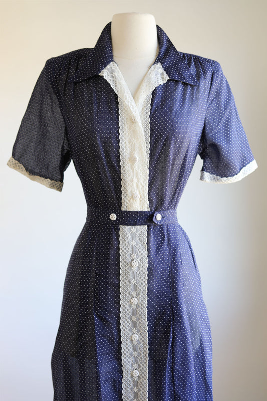 Vintage 1940s Coat Dress - Navy Blue Dotted Swiss Betty Hartford w Embroidery + Cute Buttons Size L to XL