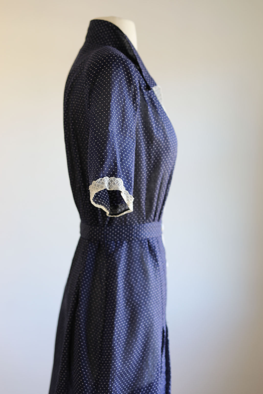 Vintage 1940s Coat Dress - Navy Blue Dotted Swiss Betty Hartford w Embroidery + Cute Buttons Size L to XL