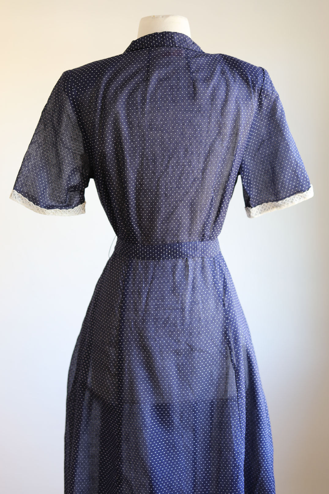 Vintage 1940s Coat Dress - Navy Blue Dotted Swiss Betty Hartford w Embroidery + Cute Buttons Size L to XL