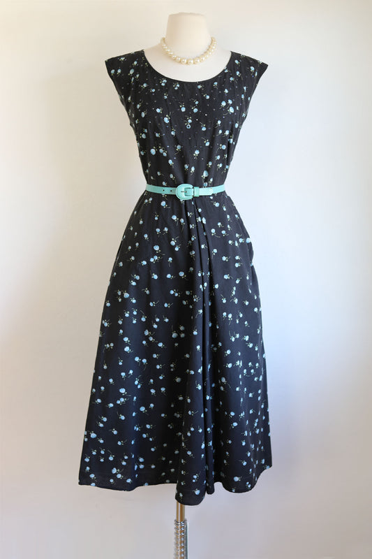 Vintage 1950s Sundress - Black Olive Blue Floral Print Cotton w Blue Rhinestones + Sarong Inspo Dress Size M