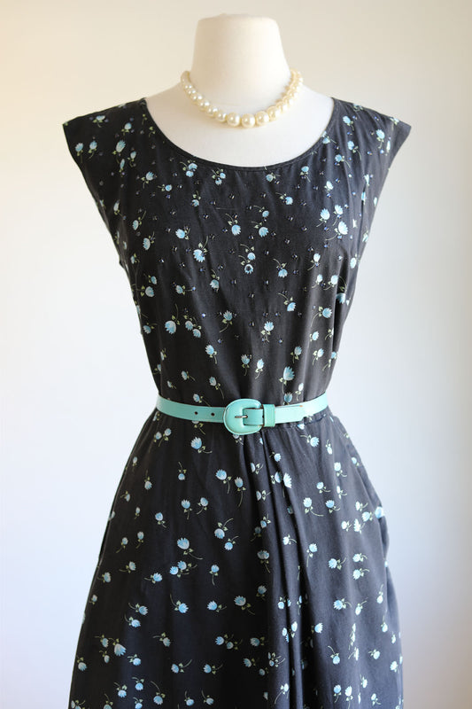 Vintage 1950s Sundress - Black Olive Blue Floral Print Cotton w Blue Rhinestones + Sarong Inspo Dress Size M