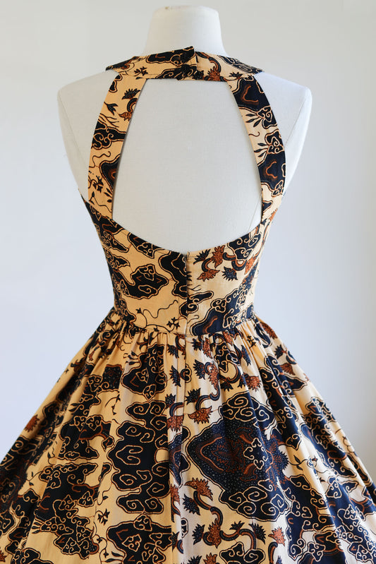 Vintage 1980s The Kollection Dress - SUPERB Warm Batik Print Cotton Sundress w Caged Rear! Size XS to S